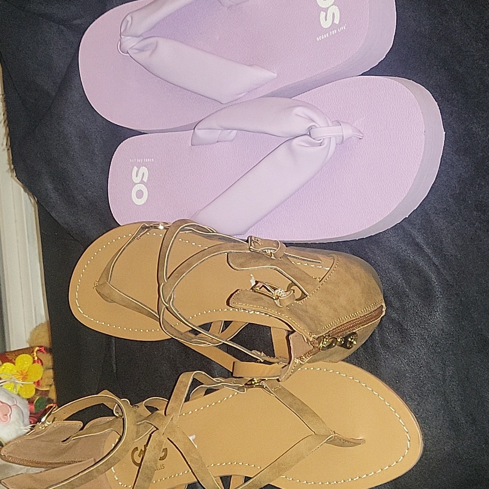 SO Tan Sandals and Lavender Flip Flops